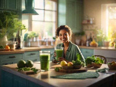 individual-sits-at-large kitchen-table-holding-glass-vibrant-green-smoothie